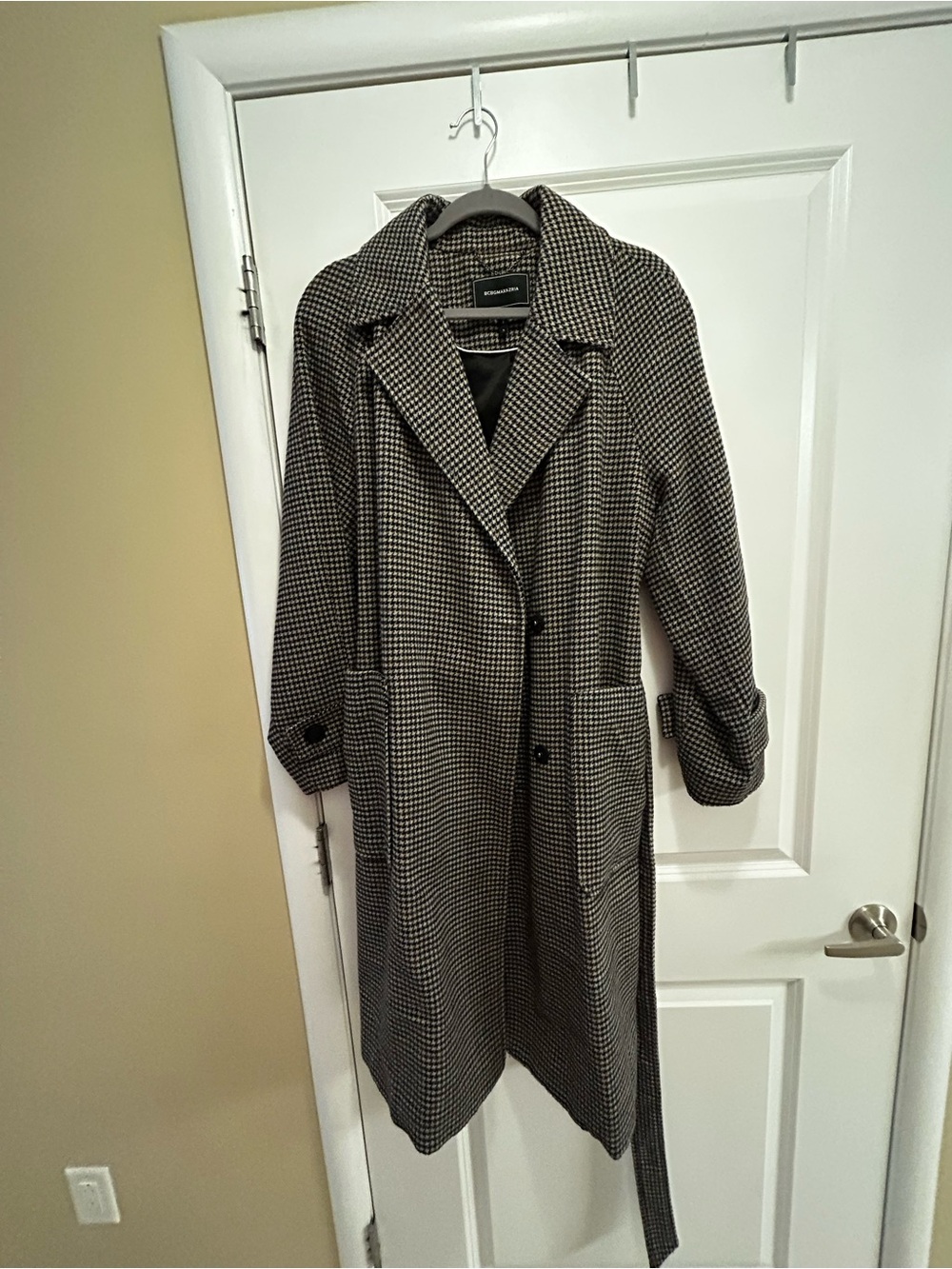 BCBGMaxAzria Houndstooth Long Trench Coat in black, brown, blue, gray
